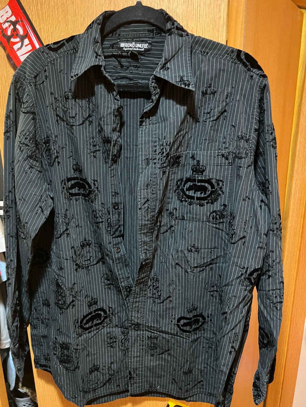 Ecko Unlimited Black Pinstripe Button-Down Shirt with Crest Motif